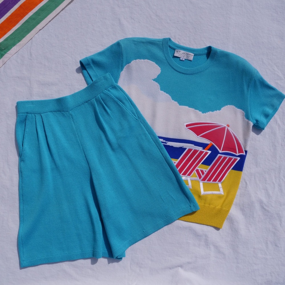 RARE vintage 80s St. John intarsia knit short set